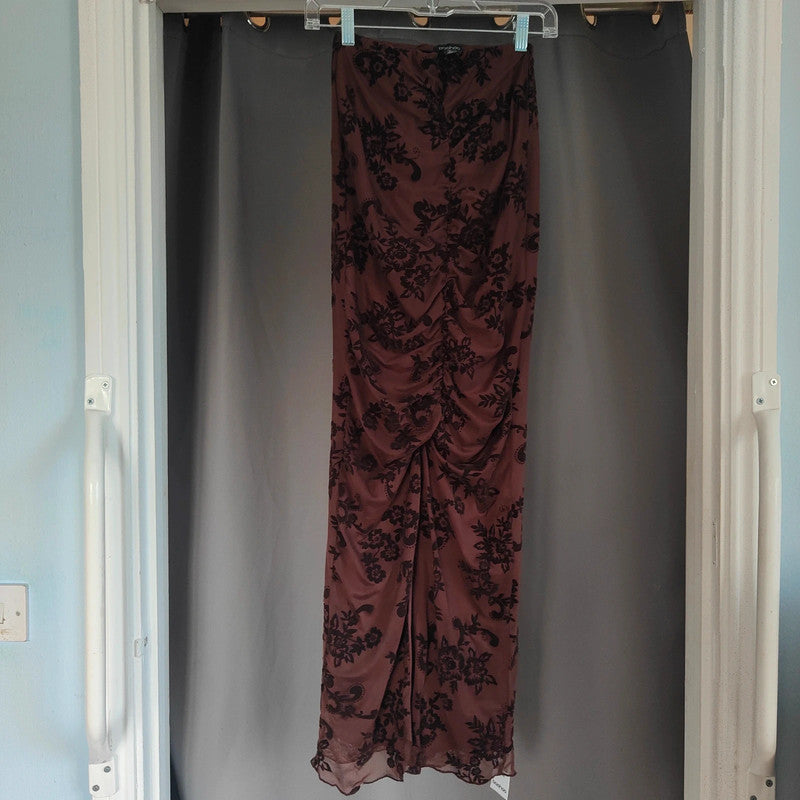 Boohoo Chocolate Floral Devore Ruched Maxi Skirt Size 6 Y2K Whimsigoth