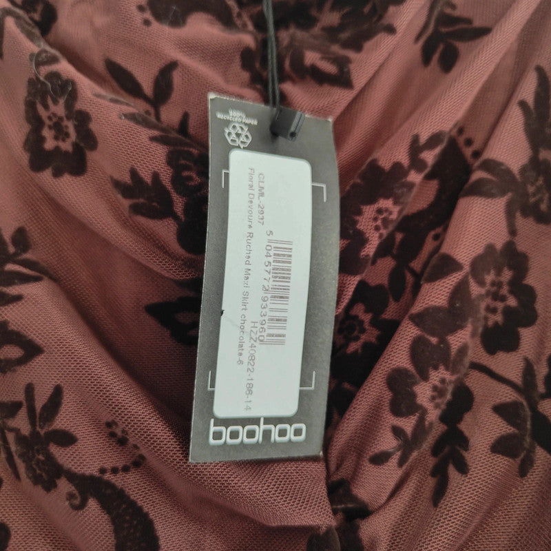 Boohoo Chocolate Floral Devore Ruched Maxi Skirt Size 6 Y2K Whimsigoth