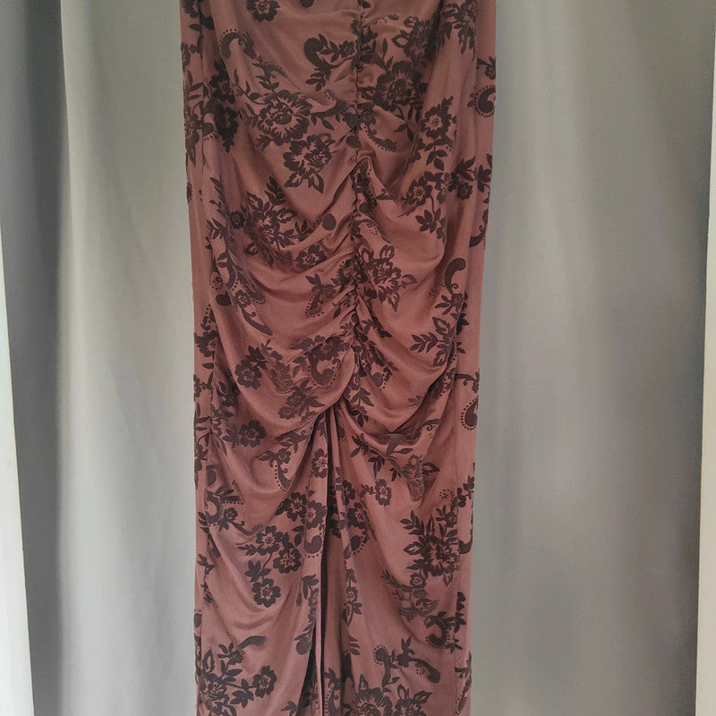 Boohoo Chocolate Floral Devore Ruched Maxi Skirt Size 6 Y2K Whimsigoth