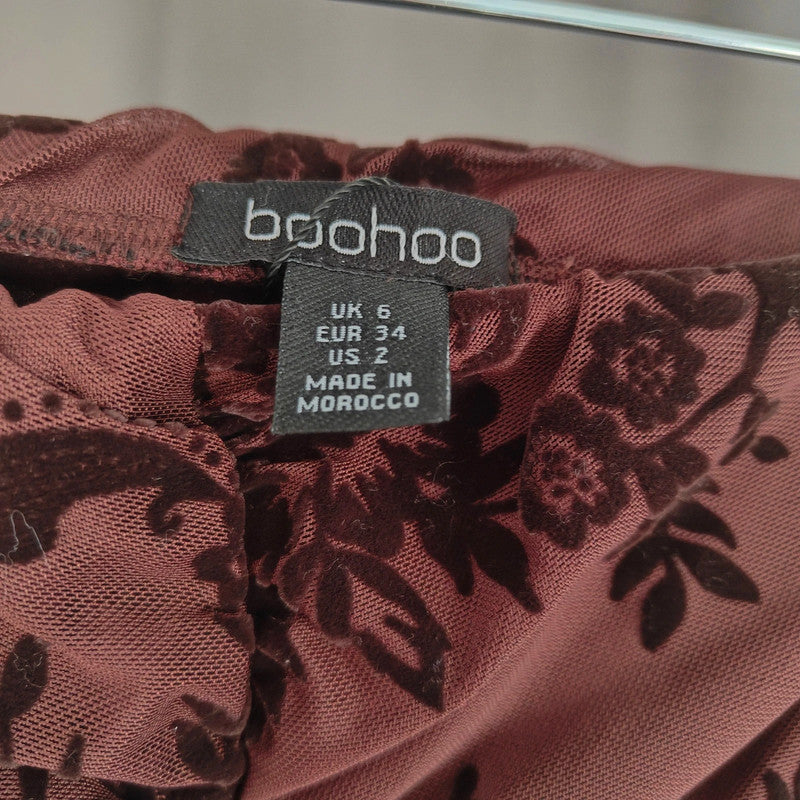 Boohoo Chocolate Floral Devore Ruched Maxi Skirt Size 6 Y2K Whimsigoth