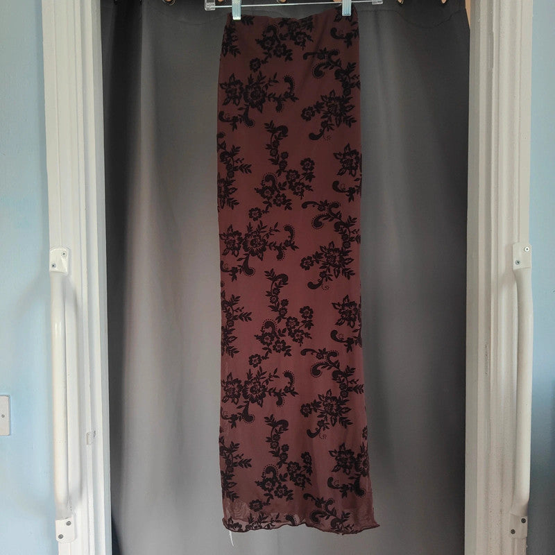 Boohoo Chocolate Floral Devore Ruched Maxi Skirt Size 6 Y2K Whimsigoth