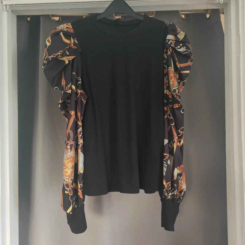shein xl Black Ribbed Top Gold Chain Scarf Print Puff Sleeve Quiet Luxury
