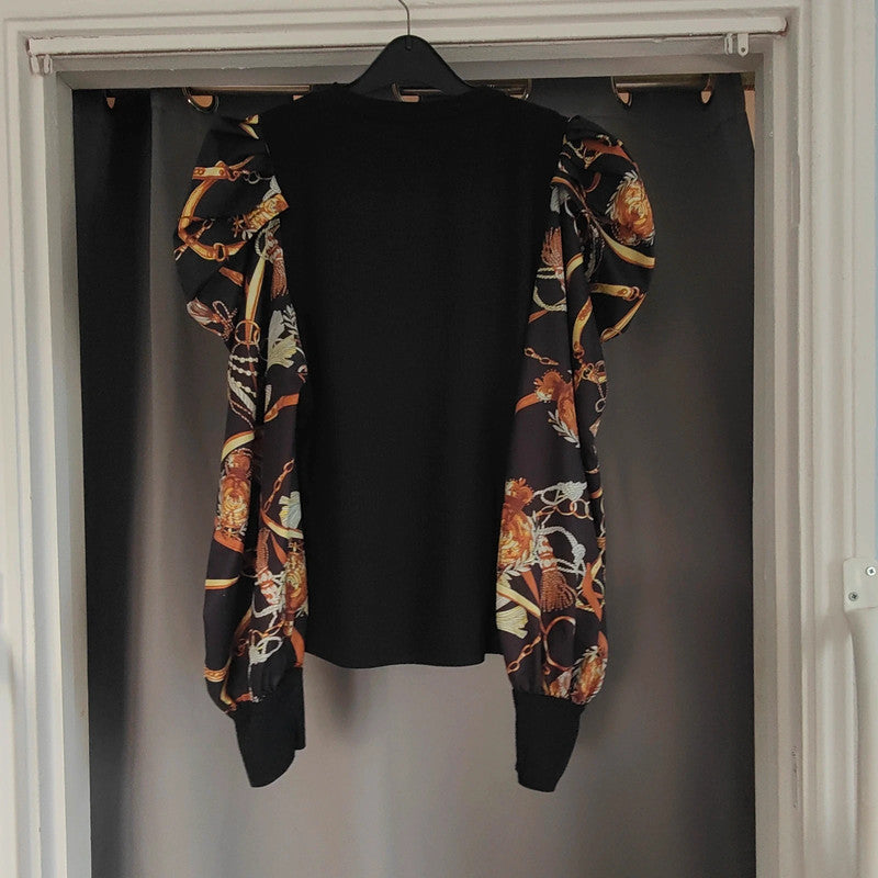 shein xl Black Ribbed Top Gold Chain Scarf Print Puff Sleeve Quiet Luxury