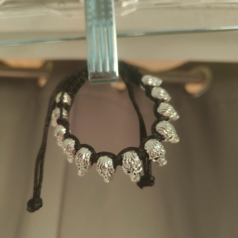 silver skull cord bracelet alt grunge gothic jewelry