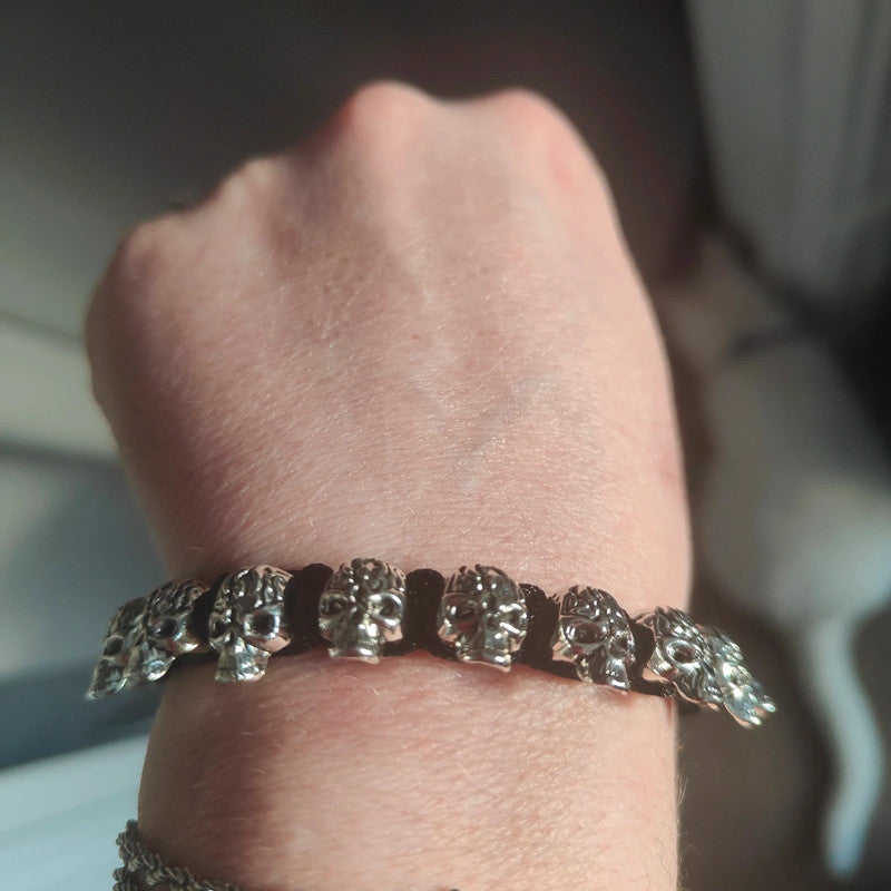 silver skull cord bracelet alt grunge gothic jewelry