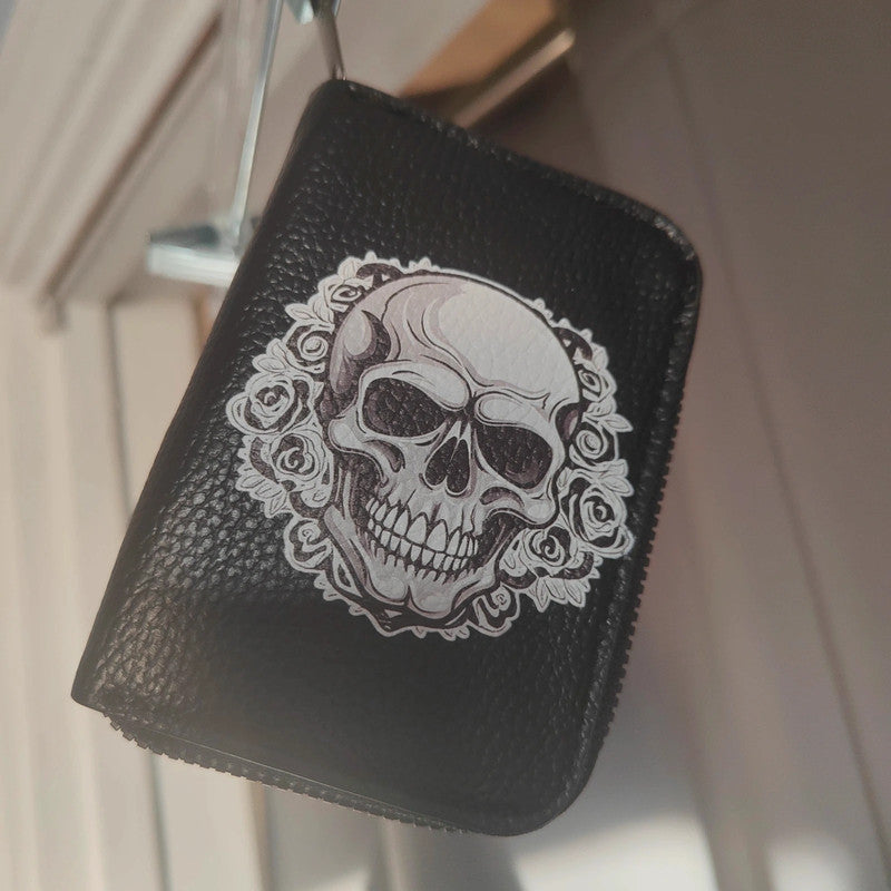 black skull and roses accordion card holder goth alt wallet