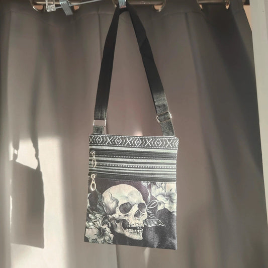 Black Skull Floral Crossbody Bag Alt Grunge Goth Festival Pouch