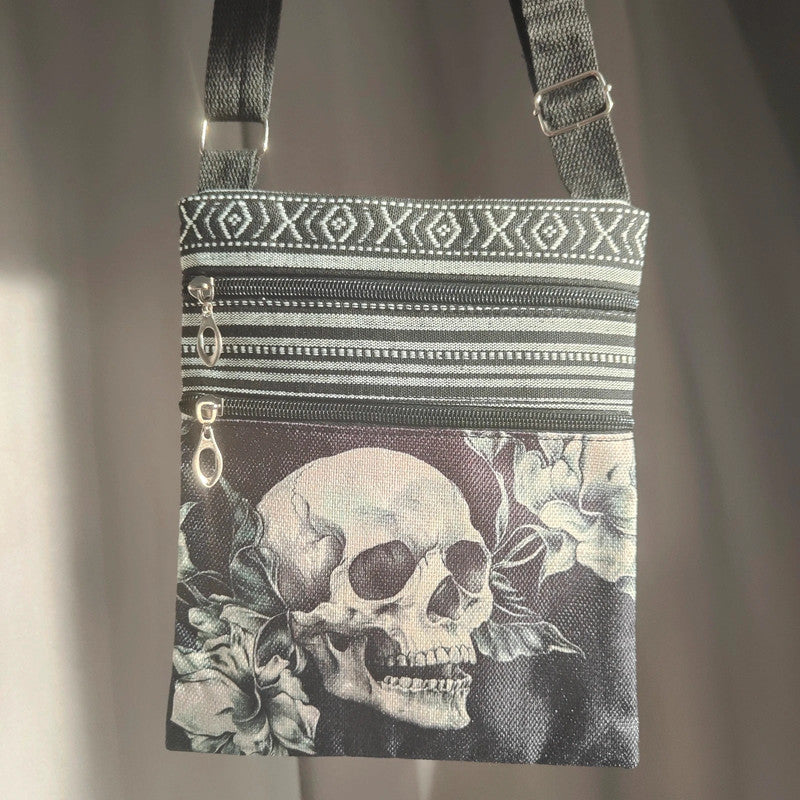 Black Skull Floral Crossbody Bag Alt Grunge Goth Festival Pouch