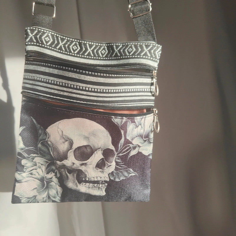 Black Skull Floral Crossbody Bag Alt Grunge Goth Festival Pouch