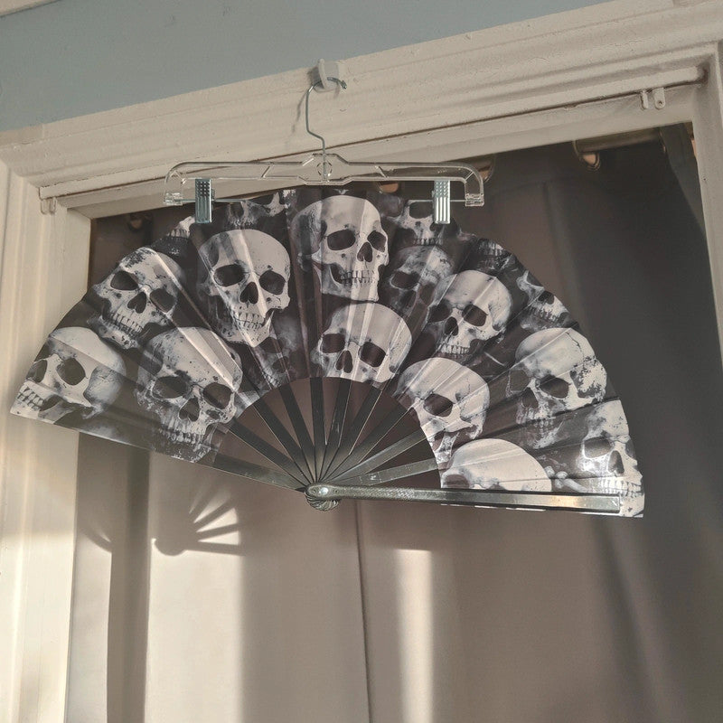 Black and white skull print folding hand fan gothic accessory