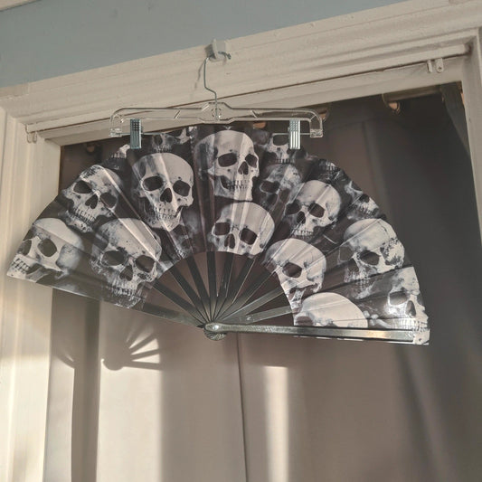 Black and white skull print folding hand fan gothic accessory