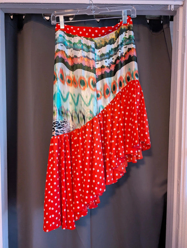 Ruby Violet Red Polka Dot Mixed Print Asymmetric Ruffle Midi Skirt Size M
Ruby Violet