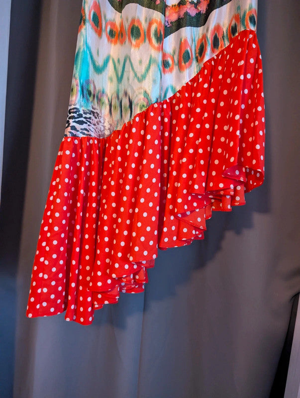 Ruby Violet Red Polka Dot Mixed Print Asymmetric Ruffle Midi Skirt Size M
Ruby Violet