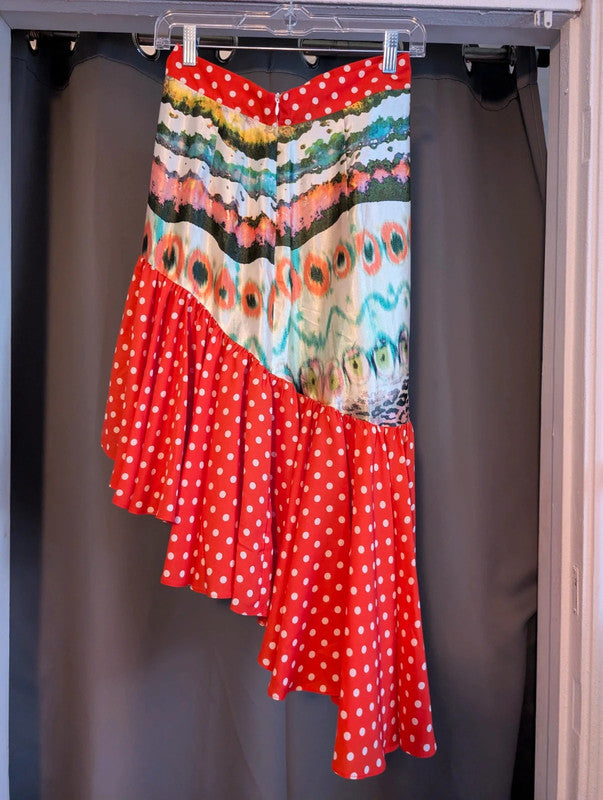 Ruby Violet Red Polka Dot Mixed Print Asymmetric Ruffle Midi Skirt Size M
Ruby Violet