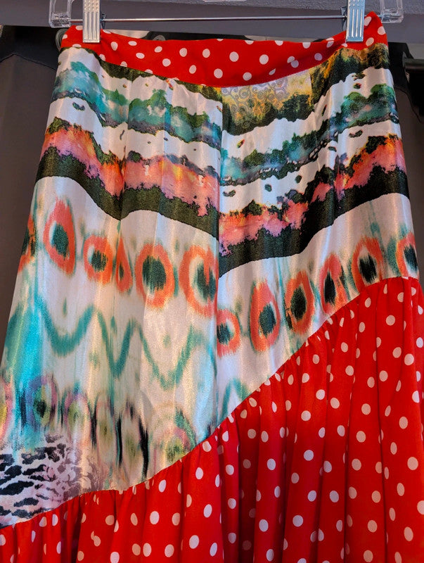 Ruby Violet Red Polka Dot Mixed Print Asymmetric Ruffle Midi Skirt Size M
Ruby Violet