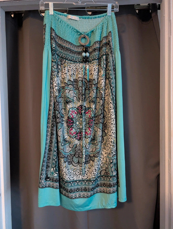 Fra-ita Turquoise Boho Paisley Mandala Beaded Maxi Skirt / Strapless Dress