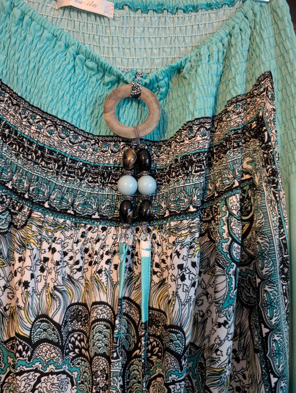 Fra-ita Turquoise Boho Paisley Mandala Beaded Maxi Skirt / Strapless Dress