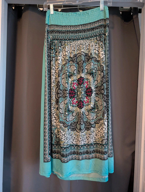 Fra-ita Turquoise Boho Paisley Mandala Beaded Maxi Skirt / Strapless Dress