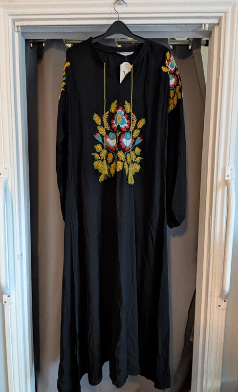 Vale Woman Black 100% Viscose Embroidered Boho Maxi Kaftan Dress New With Tags 2