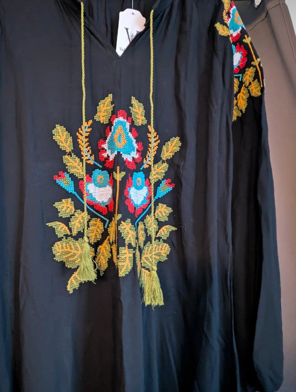 Vale Woman Black 100% Viscose Embroidered Boho Maxi Kaftan Dress New With Tags 2