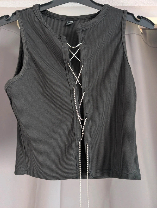 Shein Black Ribbed Diamante Lace Up Crop Top Size S UK 8