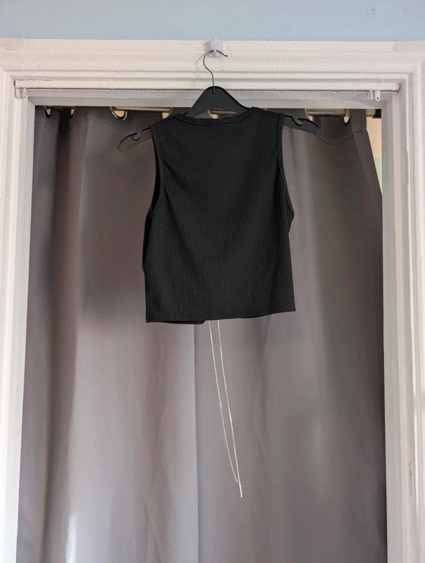 Shein Black Ribbed Diamante Lace Up Crop Top Size S UK 8