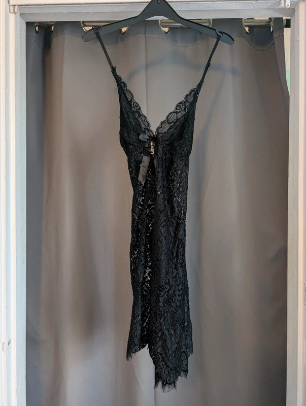 Black Sheer Floral Lace Slip Dress Cami Nightie Ribbon Rhinestone Charm