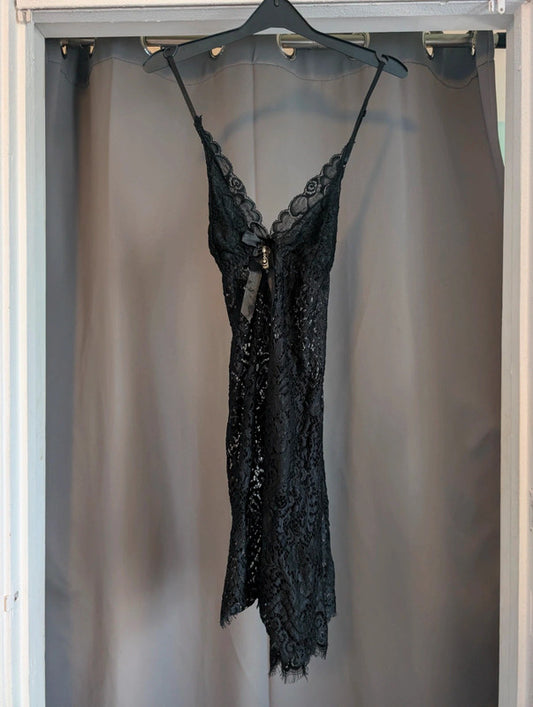 Black Sheer Floral Lace Slip Dress Cami Nightie Ribbon Rhinestone Charm