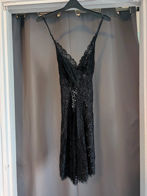 Black Sheer Floral Lace Slip Dress Cami Nightie Ribbon Rhinestone Charm
