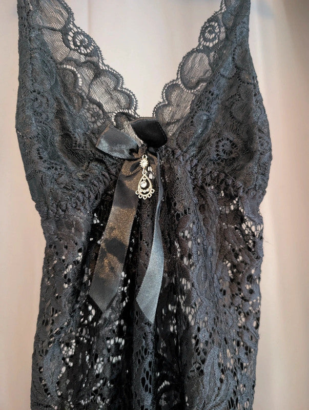 Black Sheer Floral Lace Slip Dress Cami Nightie Ribbon Rhinestone Charm