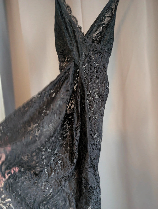 Black Sheer Floral Lace Slip Dress Cami Nightie Ribbon Rhinestone Charm