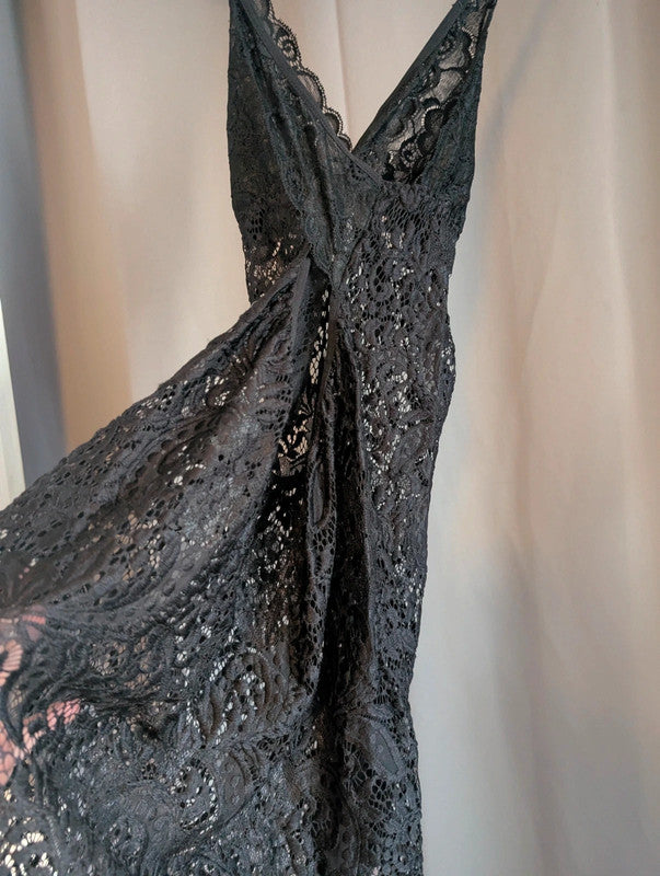 Black Sheer Floral Lace Slip Dress Cami Nightie Ribbon Rhinestone Charm