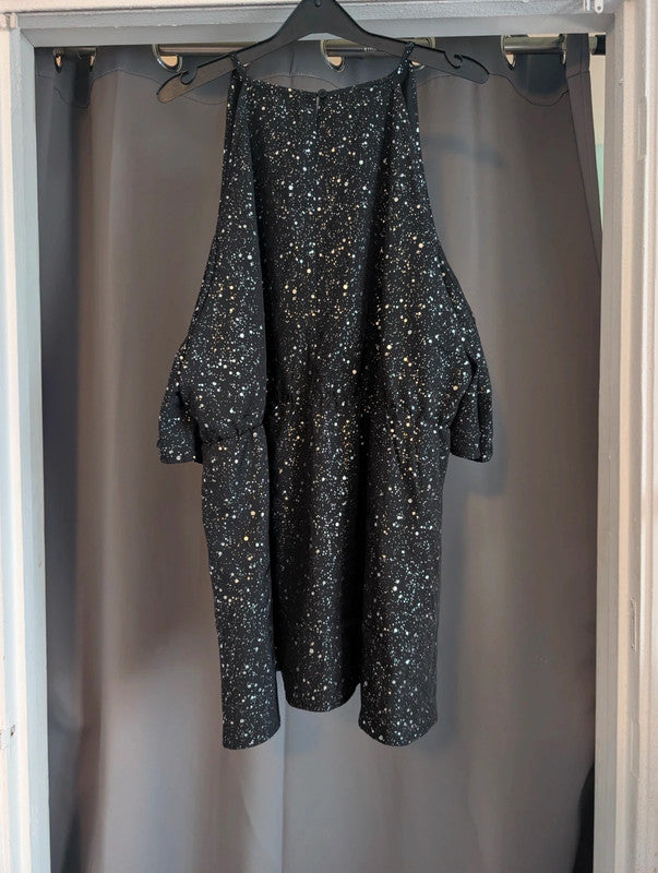 Shein Curve Black Metallic Starburst Cold Shoulder Dress Plus Size 4XL