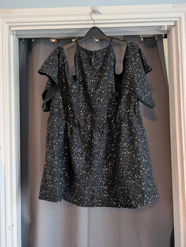 Shein Curve Black Metallic Starburst Cold Shoulder Dress Plus Size 4XL