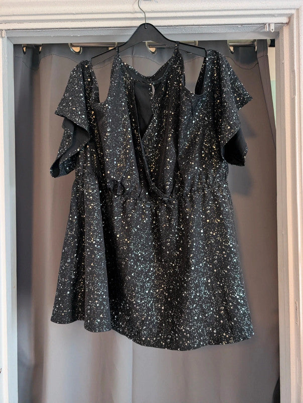 Shein Curve Black Metallic Starburst Cold Shoulder Dress Plus Size 4XL