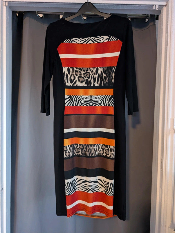 Kaleidoscope Size 10 Animal Print Striped Bodycon Dress 3/4 Sleeve