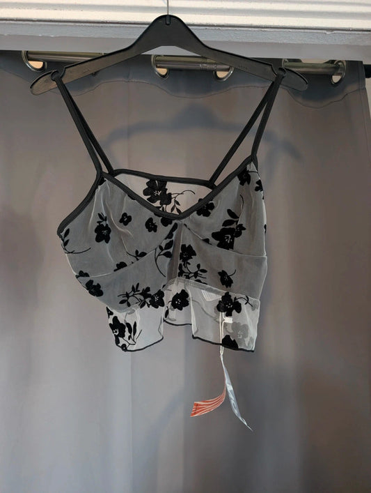 Romwe Black Velvet Floral Mesh Cami Crop Top New With Tags Size L