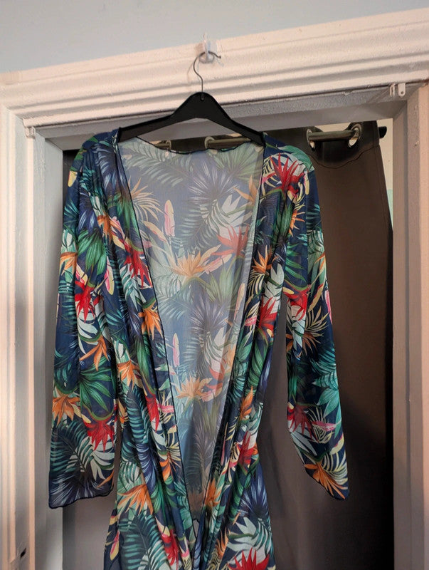 Unbranded Tropical Floral Print Sheer Mesh Kimono Cardigan Size M