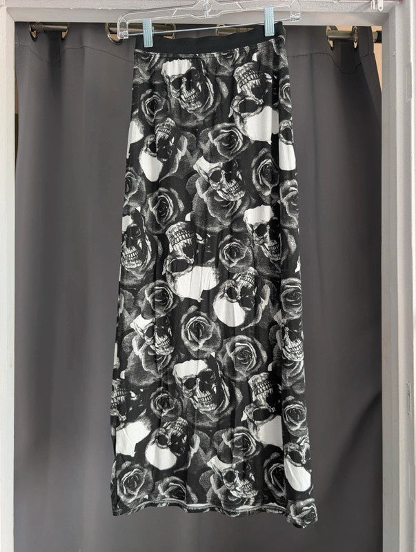 Black Skull Rose Print Maxi Skirt Size S M Made In UK