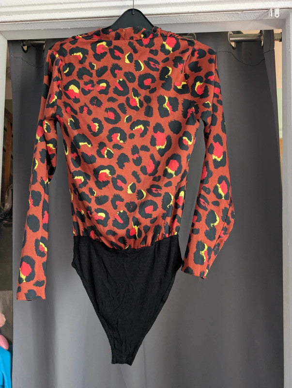 New Look Brown Red Leopard Print Long Sleeve Wrap Bodysuit Size 6
