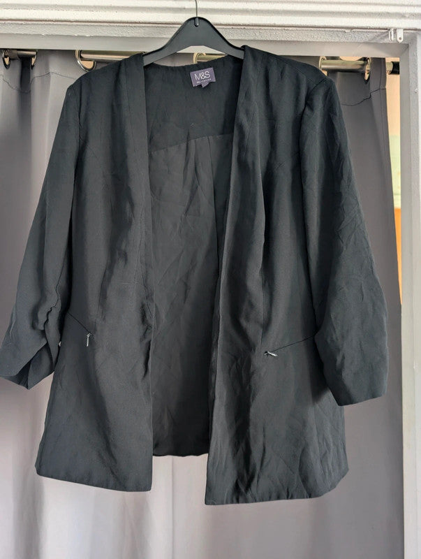 M&amp;S Collection Black Open Front Ruched Sleeve Blazer Jacket Size 16
