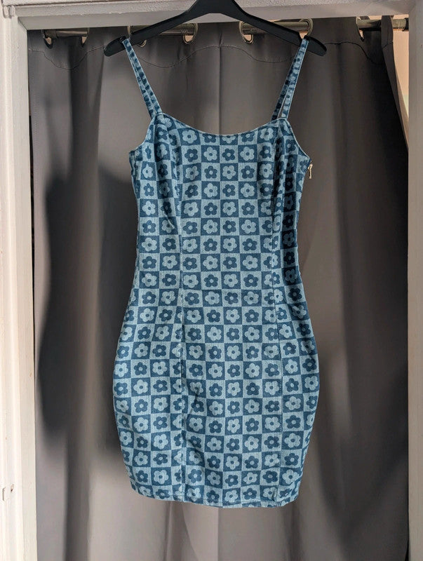 H&amp;M Blue Checkerboard Floral Denim Mini Dress Y2K Retro Cami