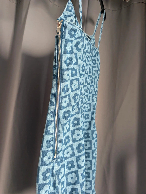 H&amp;M Blue Checkerboard Floral Denim Mini Dress Y2K Retro Cami