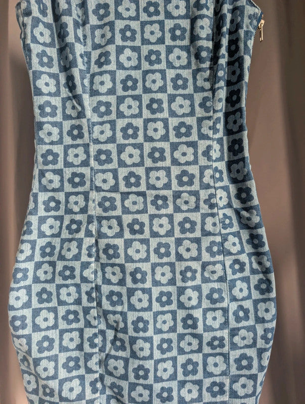 H&amp;M Blue Checkerboard Floral Denim Mini Dress Y2K Retro Cami