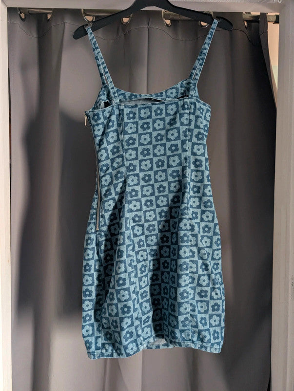 H&amp;M Blue Checkerboard Floral Denim Mini Dress Y2K Retro Cami
