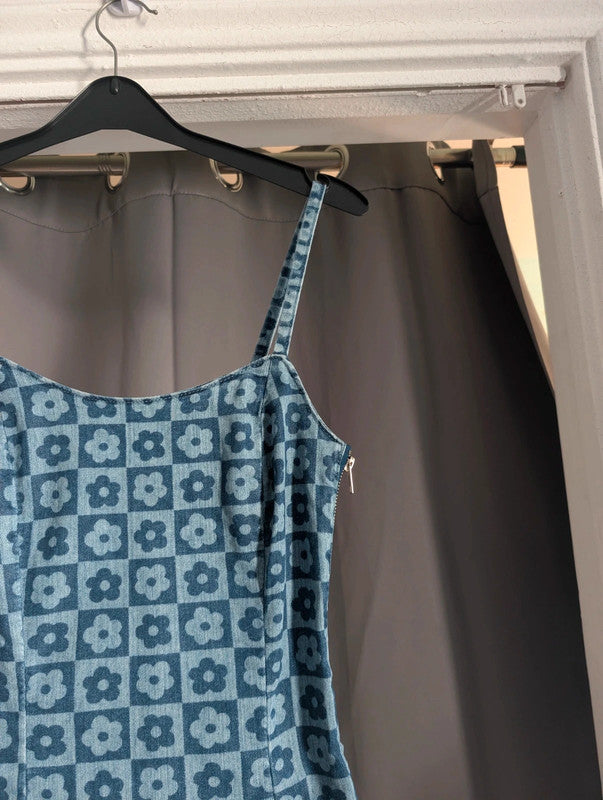 H&amp;M Blue Checkerboard Floral Denim Mini Dress Y2K Retro Cami