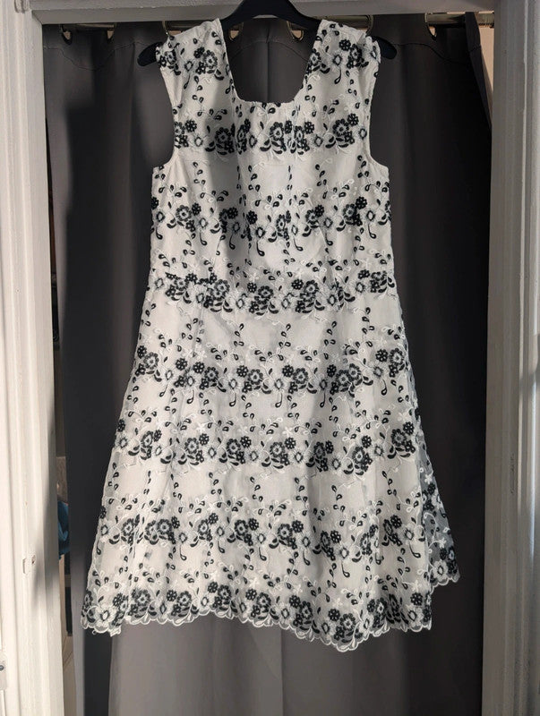 Yumi White Black Floral Embroidered Lace Mesh A-Line Dress UK 14