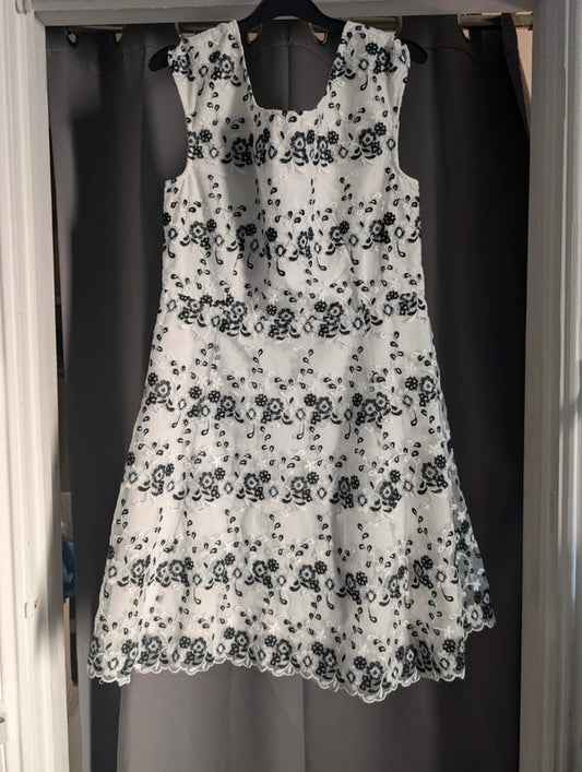 Yumi White Black Floral Embroidered Lace Mesh A-Line Dress UK 14