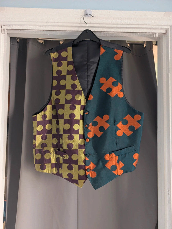 Vintage Silk Blend Jigsaw Puzzle Piece Split Graphic Waistcoat Vest Medium