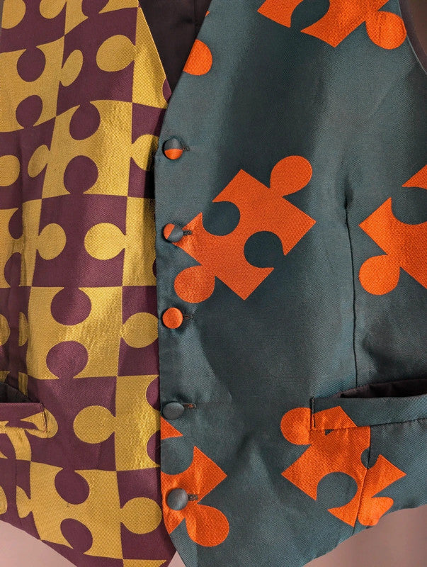 Vintage Silk Blend Jigsaw Puzzle Piece Split Graphic Waistcoat Vest Medium